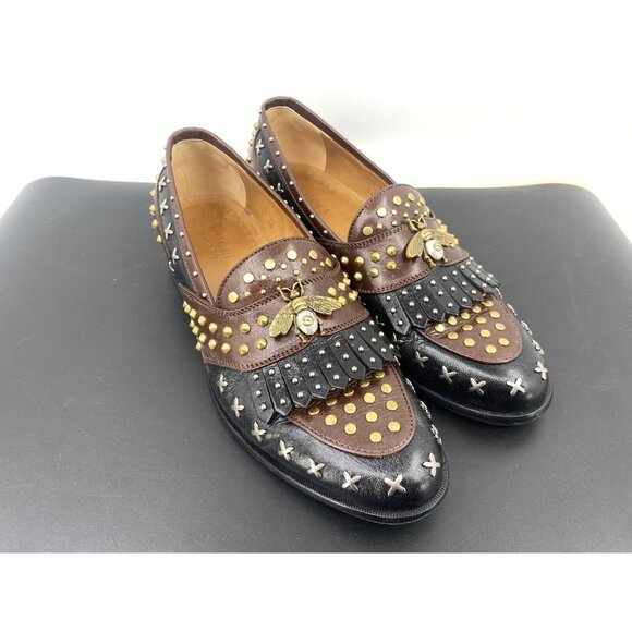 GUCCI Brown Studded Horsebit fringed Leather Loafer dress shoes sz 11.5 GUCCI - Picture 2 of 13